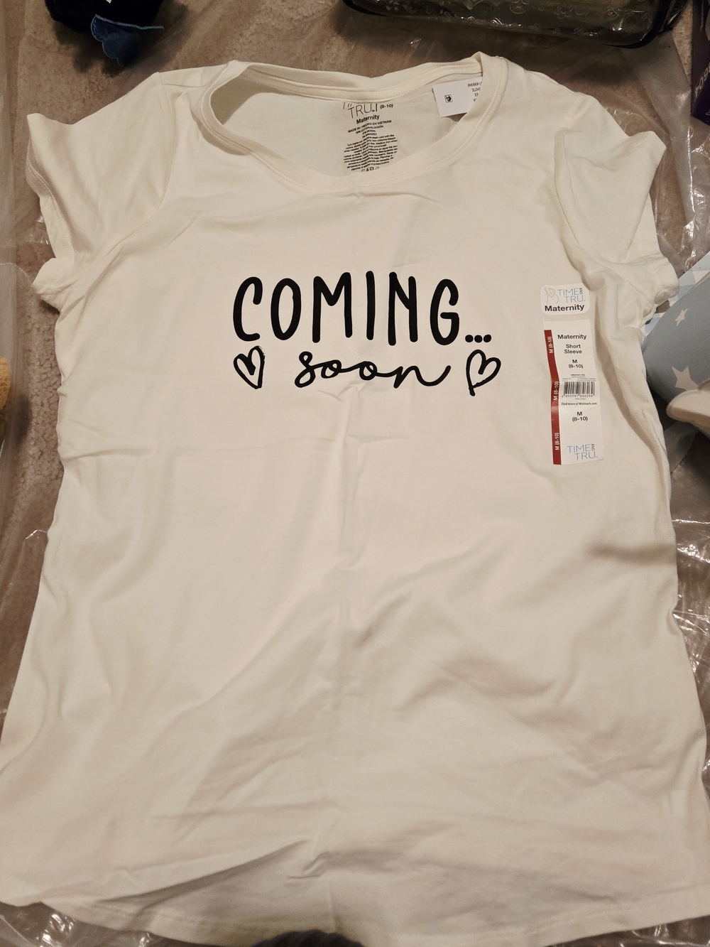 Time and Tru White Maternity Tee with "Coming Soon" Graphic